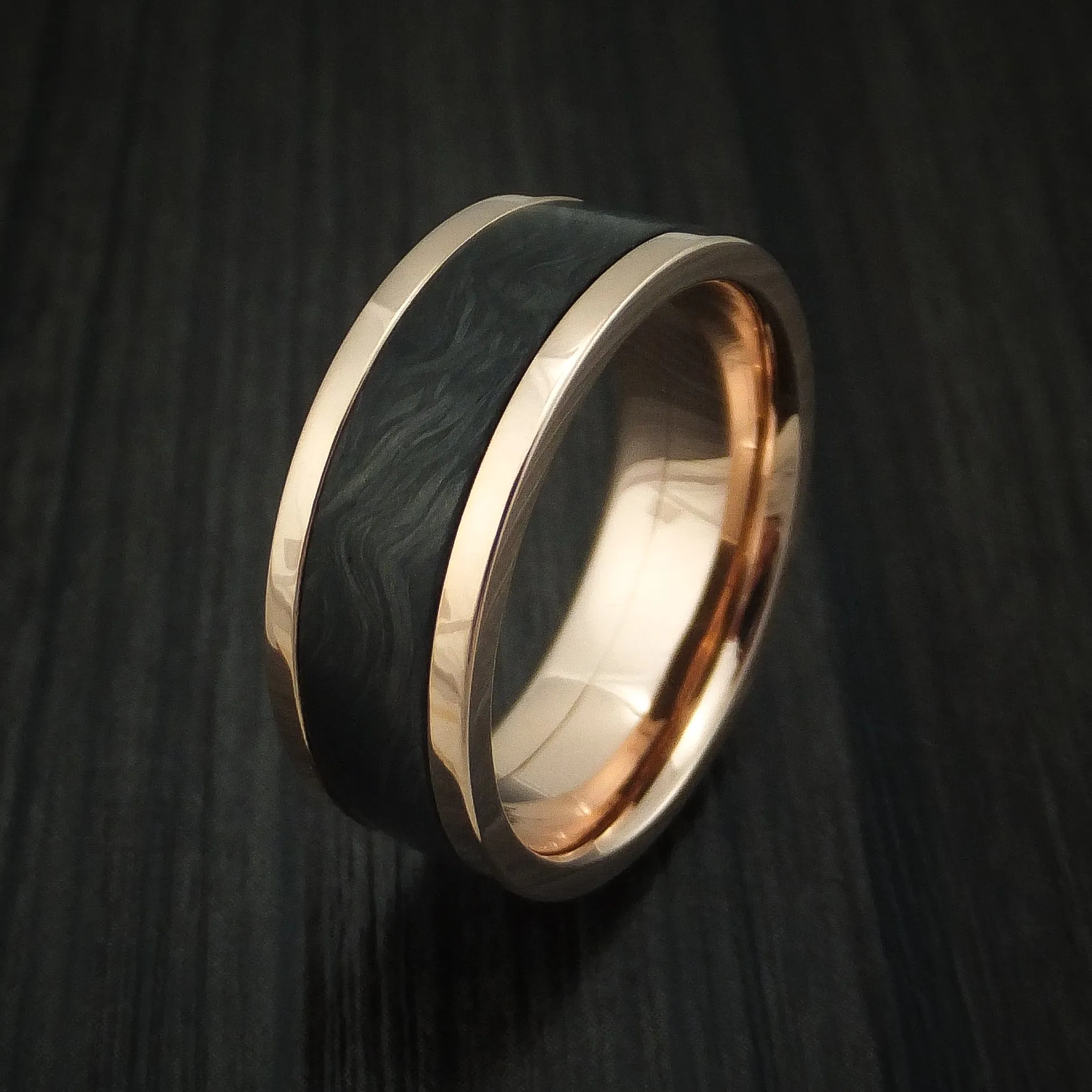 14K Rose Gold and Forged Carbon Fiber Custom Made Men's Ring