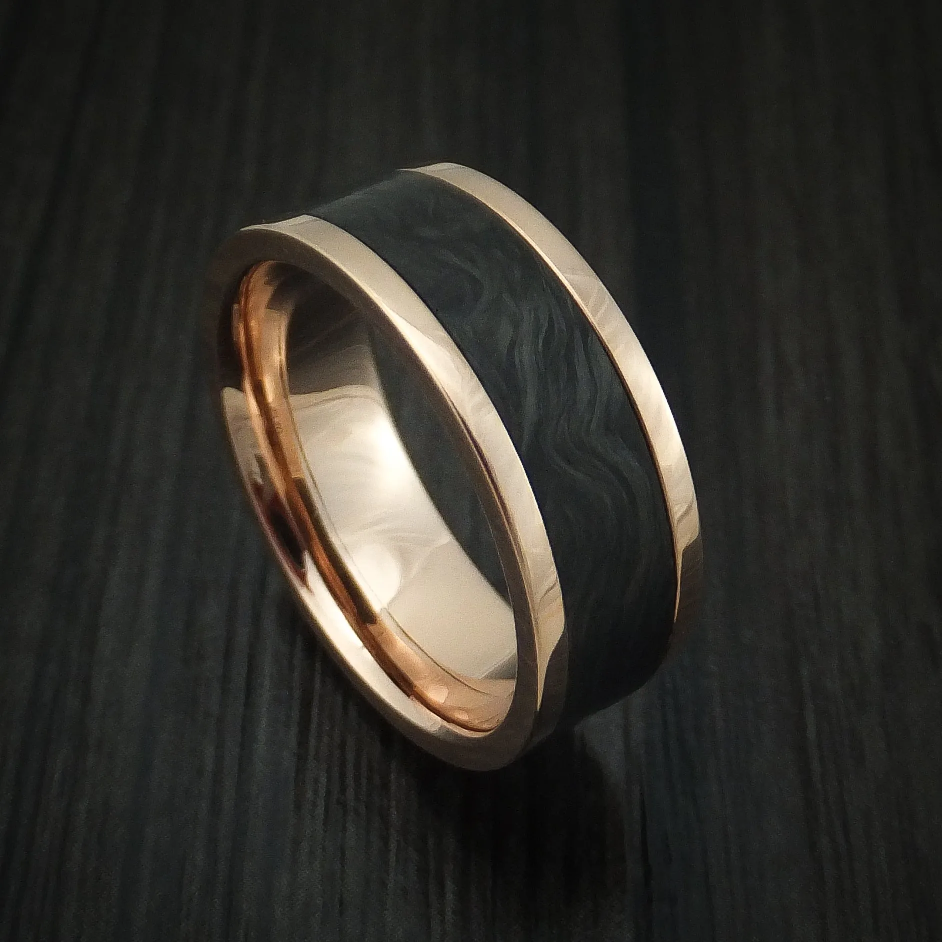 14K Rose Gold and Forged Carbon Fiber Custom Made Men's Ring