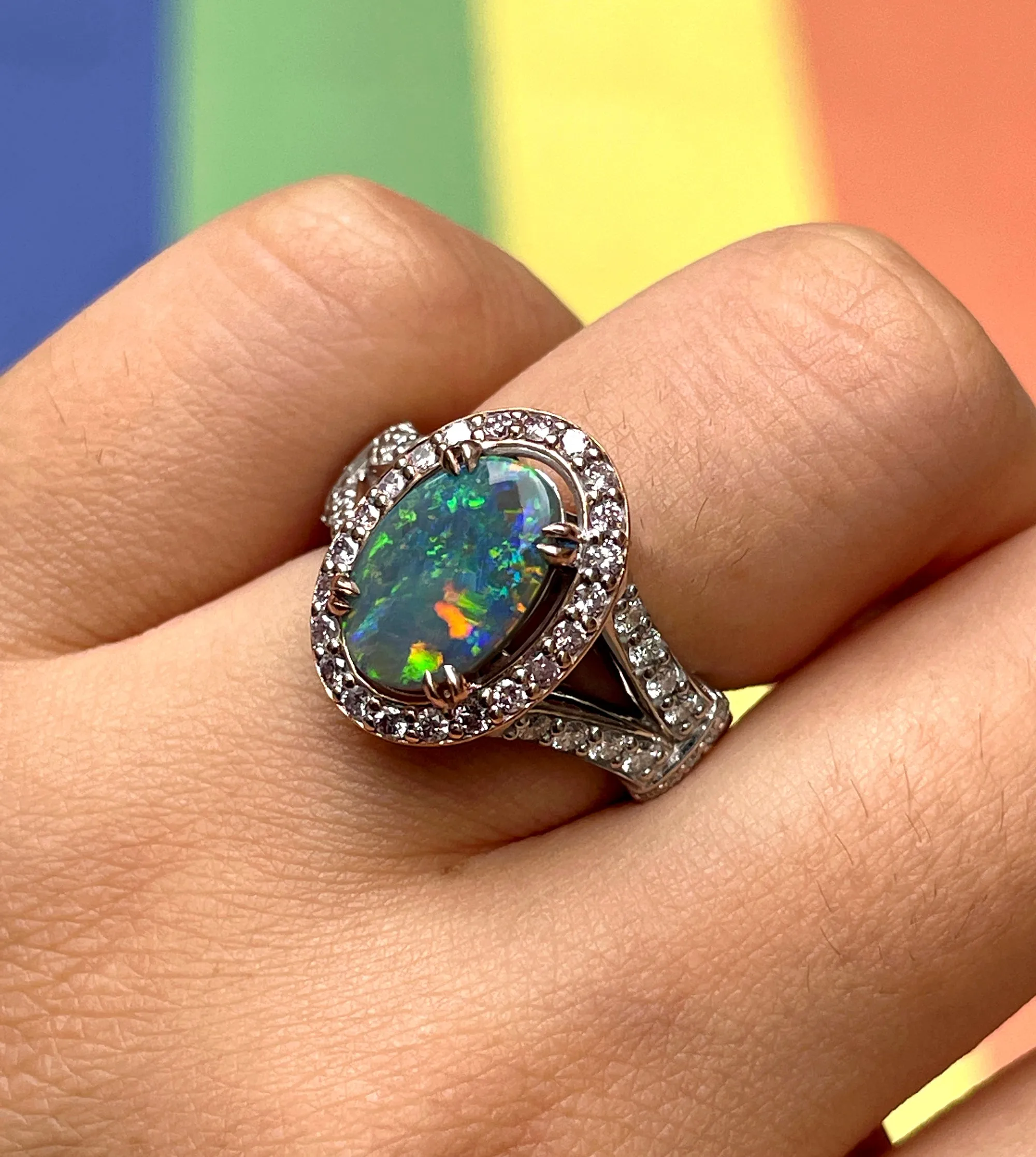 2.53ctw Australian Lighting Ridge Black Opal Pink White Diamonds Ruby 14k Gold Ring