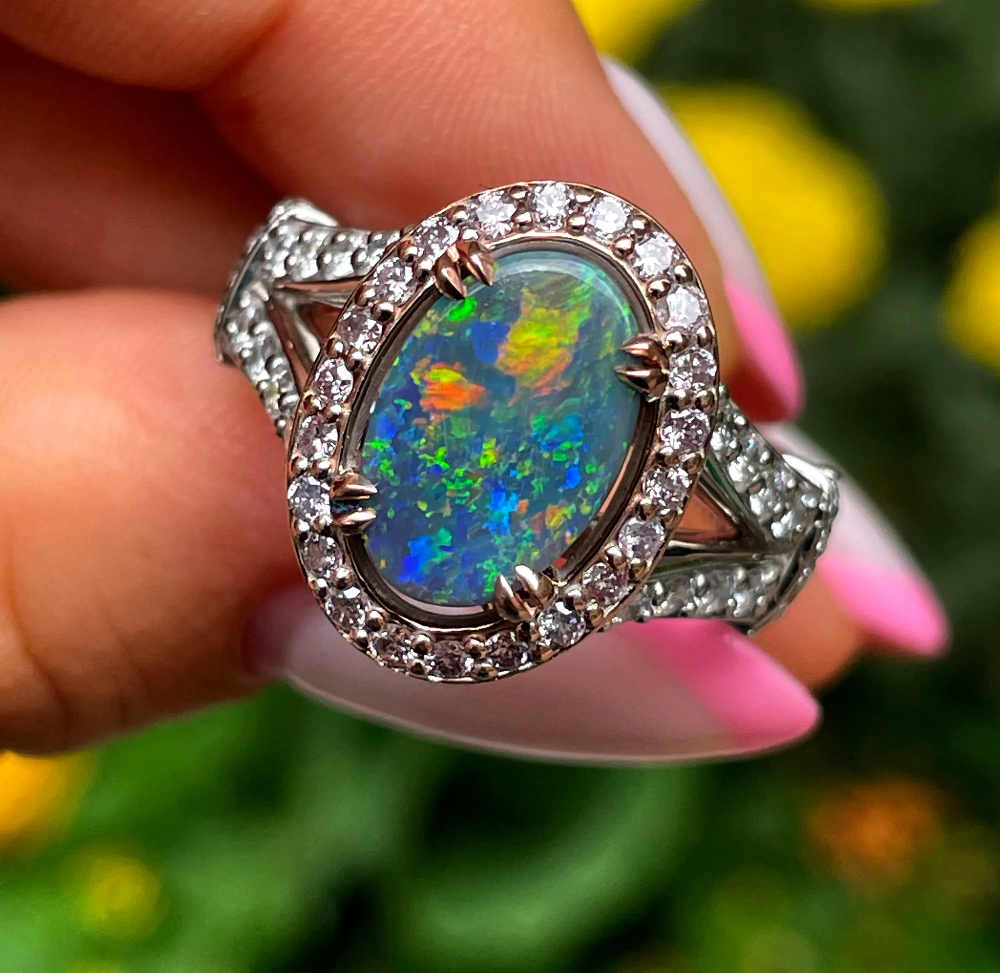 2.53ctw Australian Lighting Ridge Black Opal Pink White Diamonds Ruby 14k Gold Ring