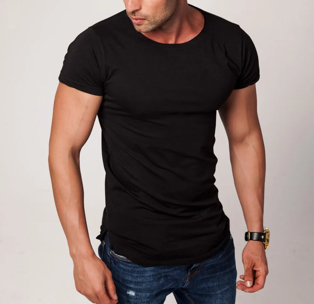 3 Pack Men's Plain Black Round Neck T-shirt - Longline