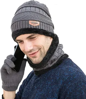 3 Pieces Set Winter Warmer Beanie Hat Scarf and Touch Screen Gloves, Fleece Lining Hat Scarf and Gloves Sets for Man & Women