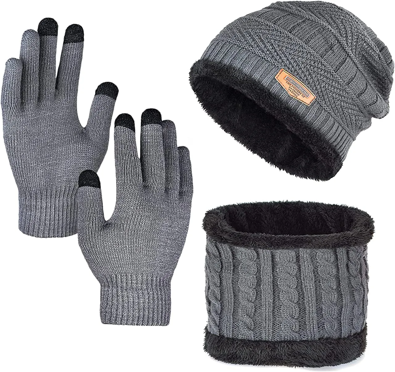 3 Pieces Set Winter Warmer Beanie Hat Scarf and Touch Screen Gloves, Fleece Lining Hat Scarf and Gloves Sets for Man & Women