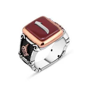 Alif Letter on Square Red Agate Stone Silver Men's Ring Siding Ottoman Tughra