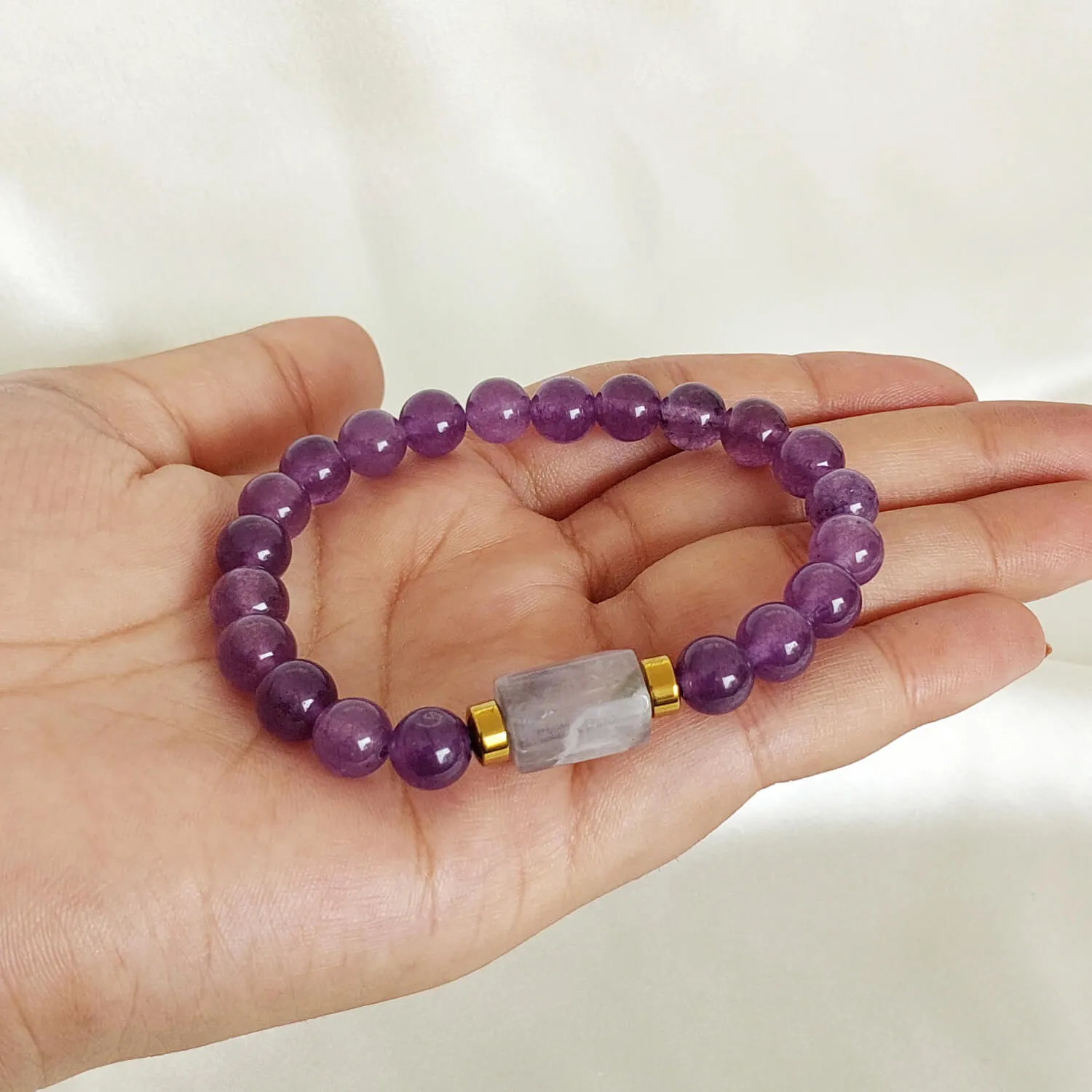 Amethyst Matte Tumble Natural Stone Bracelet With Golden Hematite