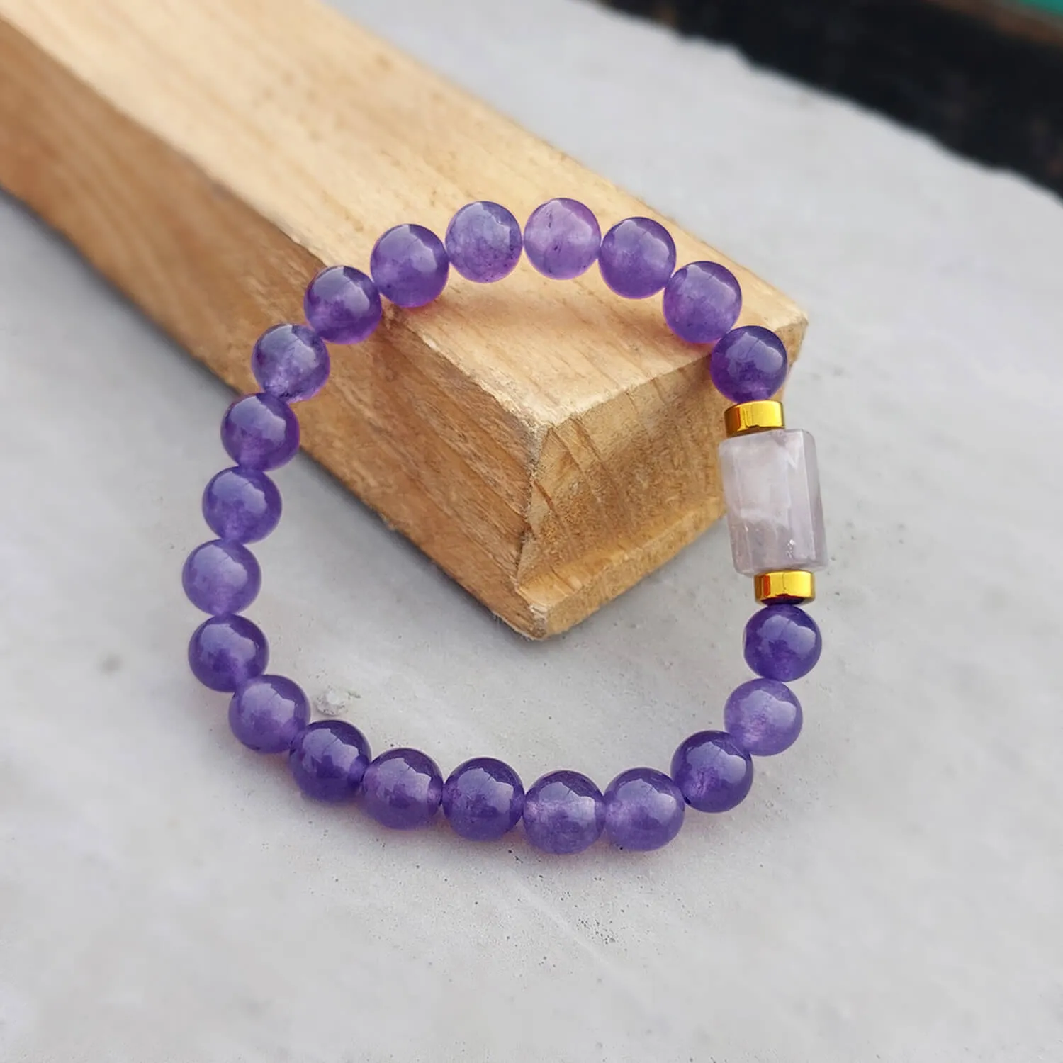 Amethyst Matte Tumble Natural Stone Bracelet With Golden Hematite