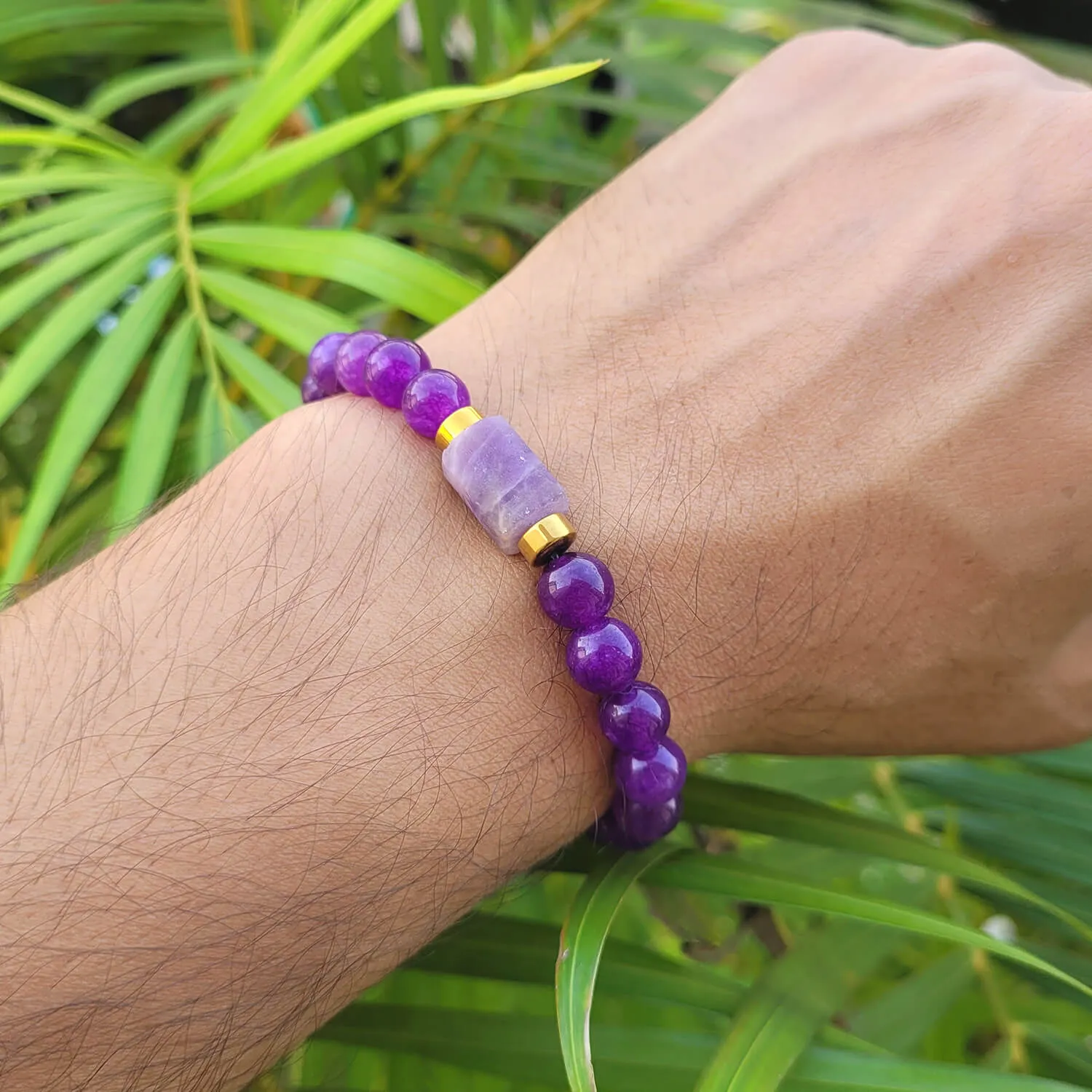 Amethyst Matte Tumble Natural Stone Bracelet With Golden Hematite