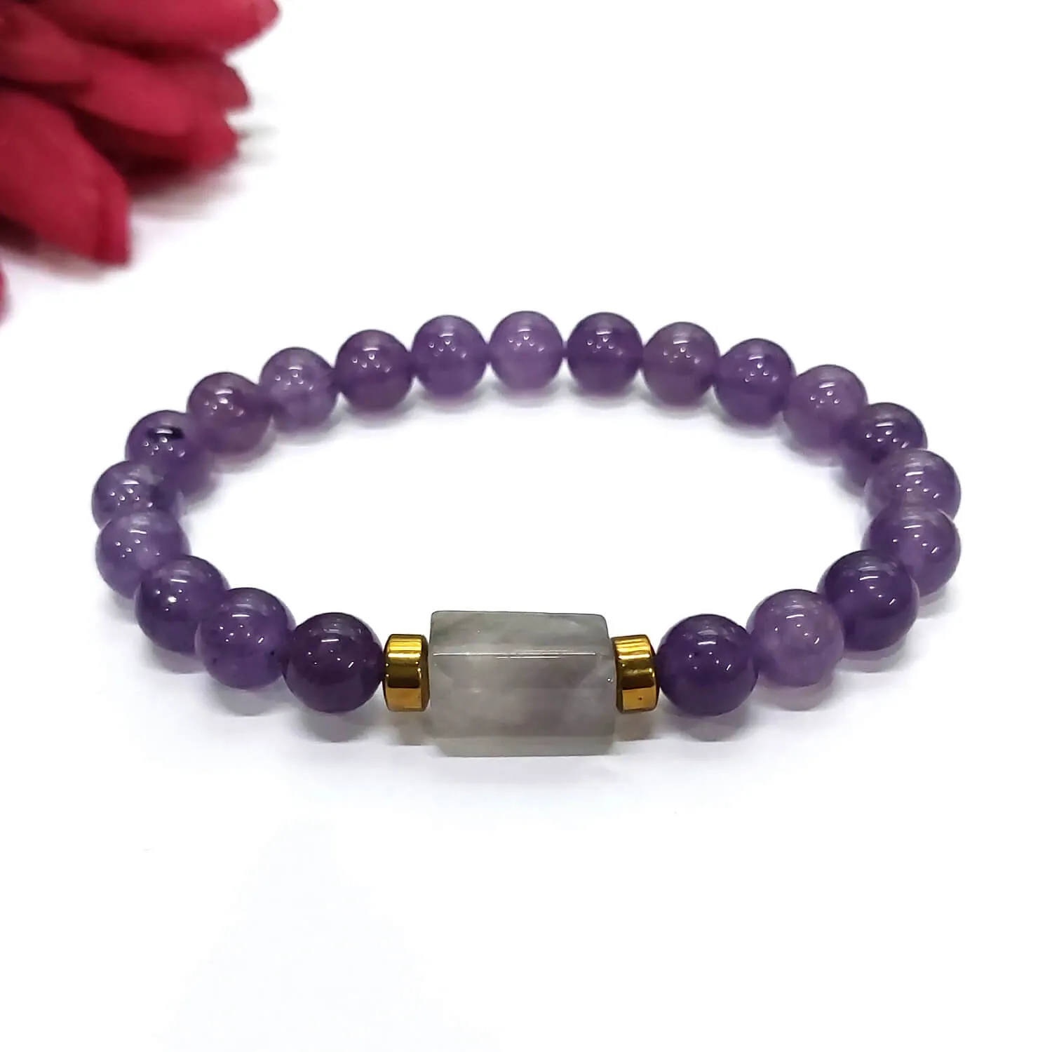 Amethyst Matte Tumble Natural Stone Bracelet With Golden Hematite