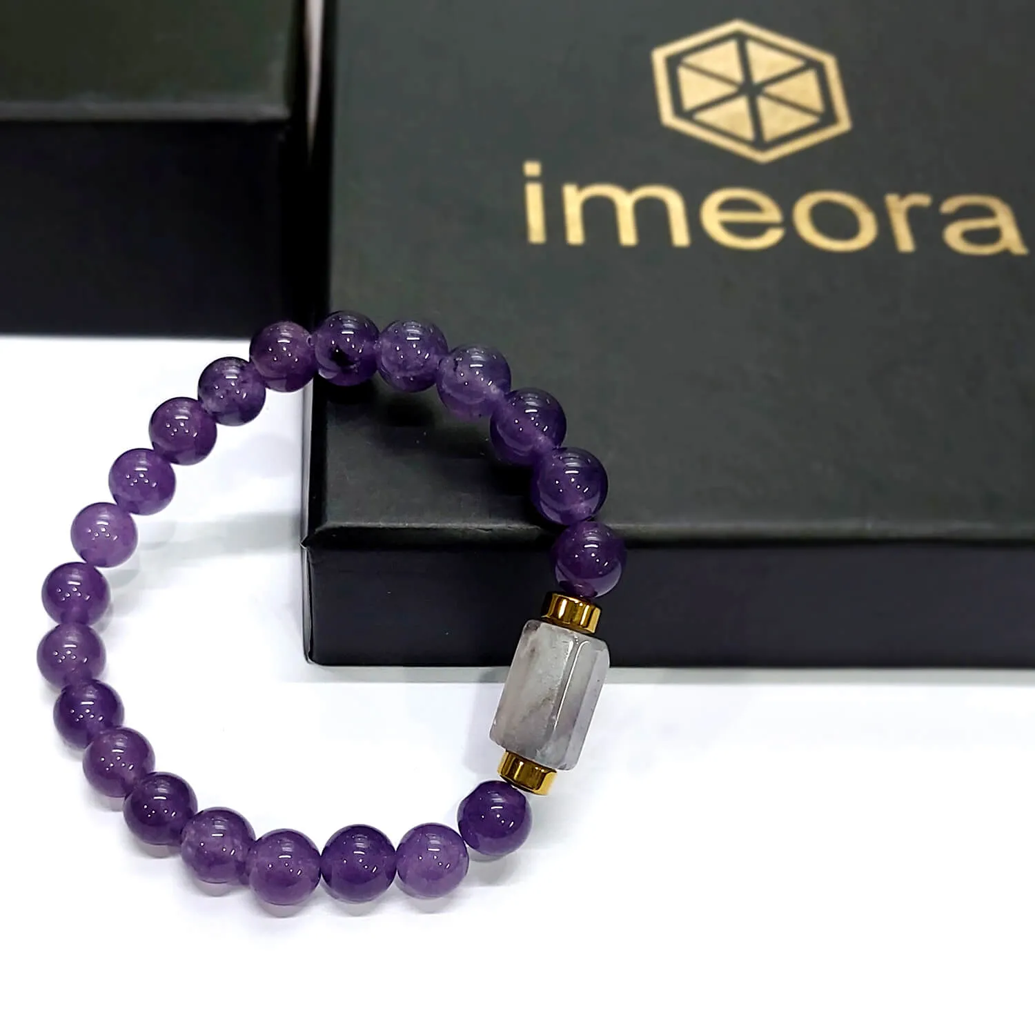 Amethyst Matte Tumble Natural Stone Bracelet With Golden Hematite