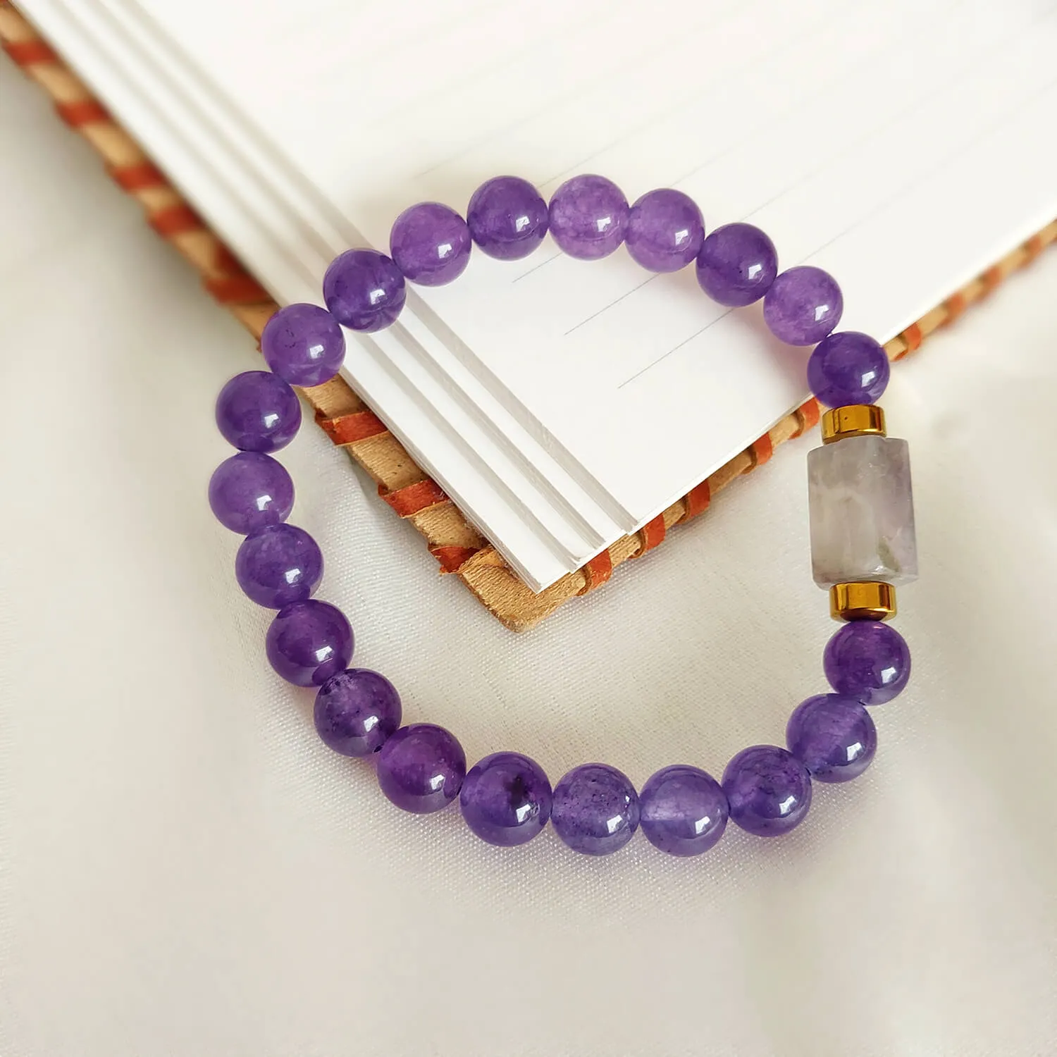 Amethyst Matte Tumble Natural Stone Bracelet With Golden Hematite