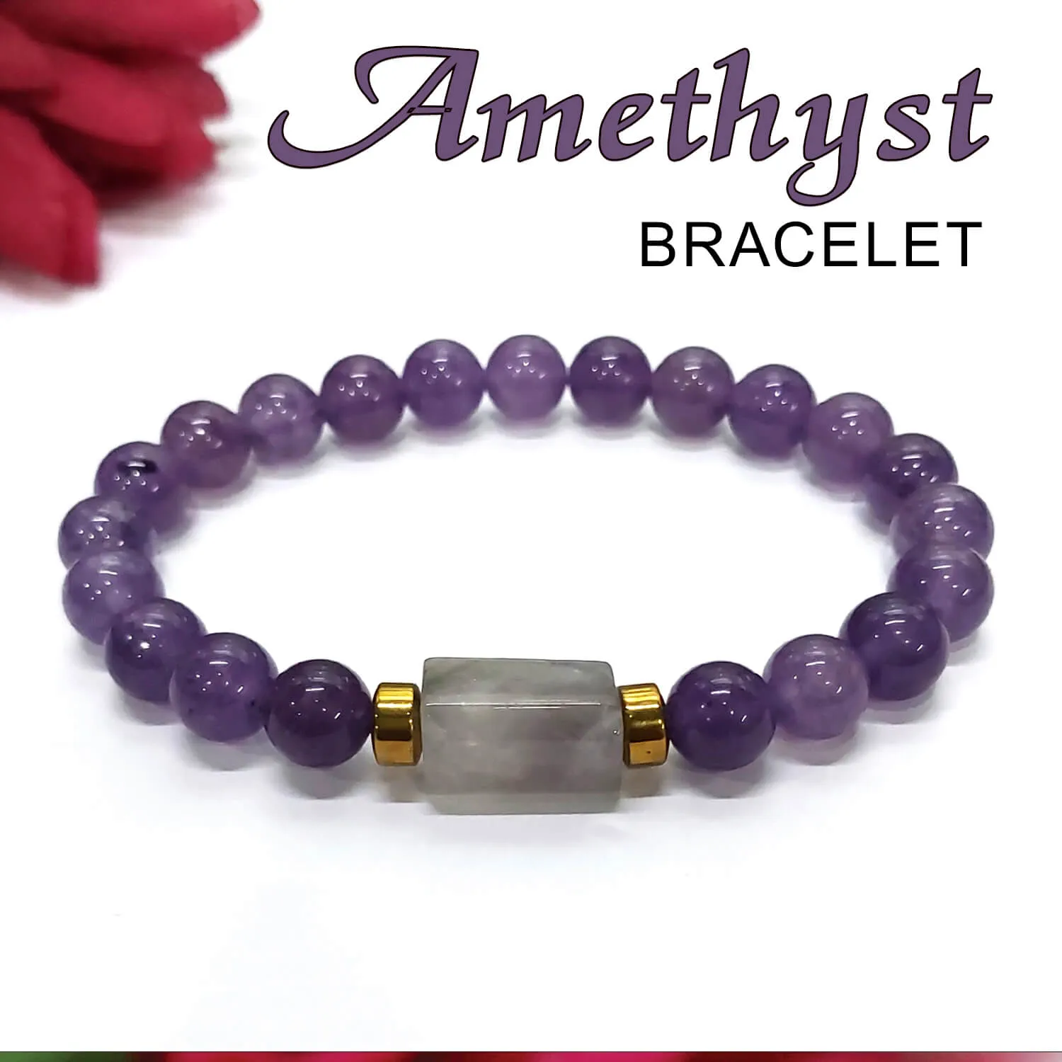 Amethyst Matte Tumble Natural Stone Bracelet With Golden Hematite