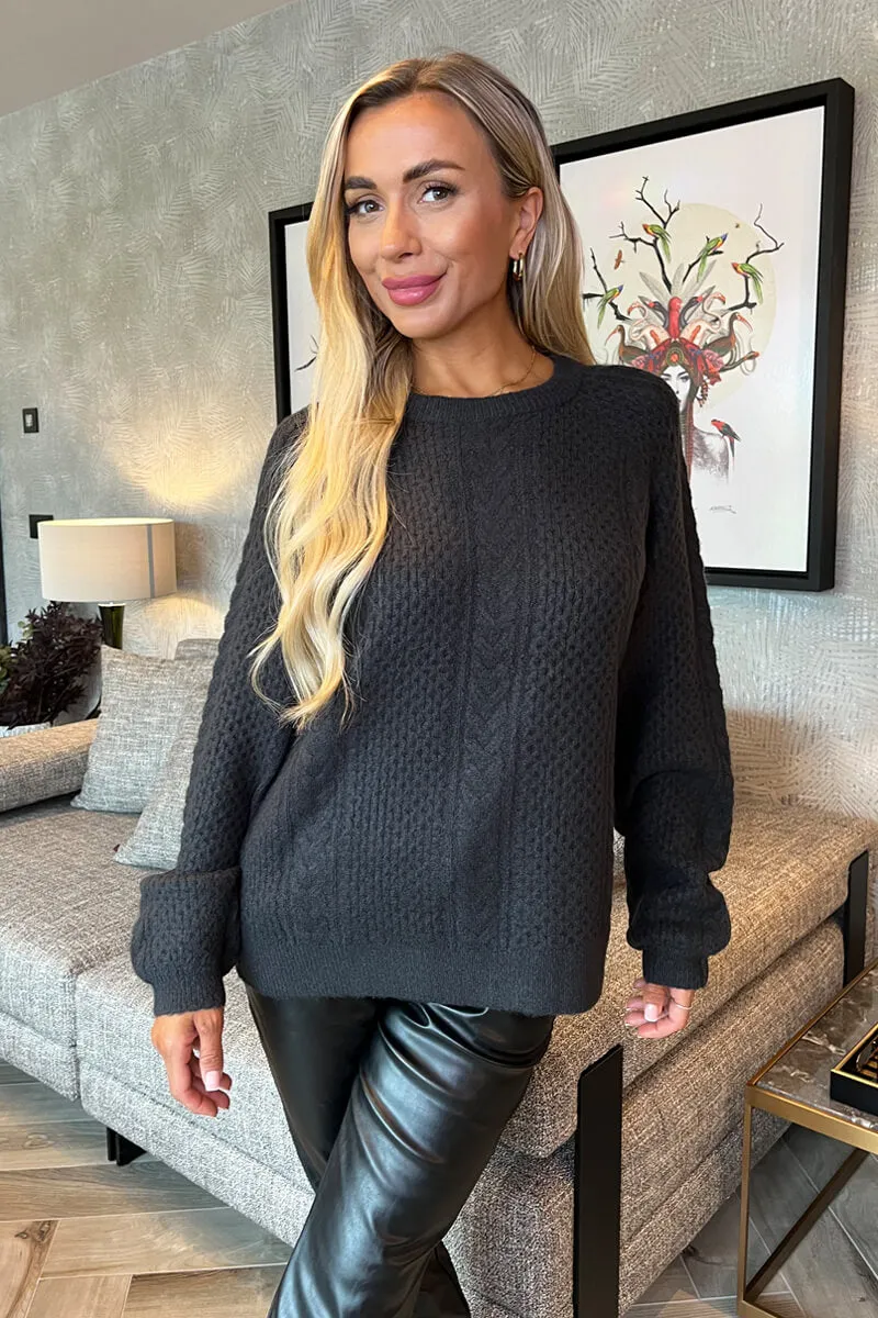 Anthracite Round Neck Cable Knit Jumper