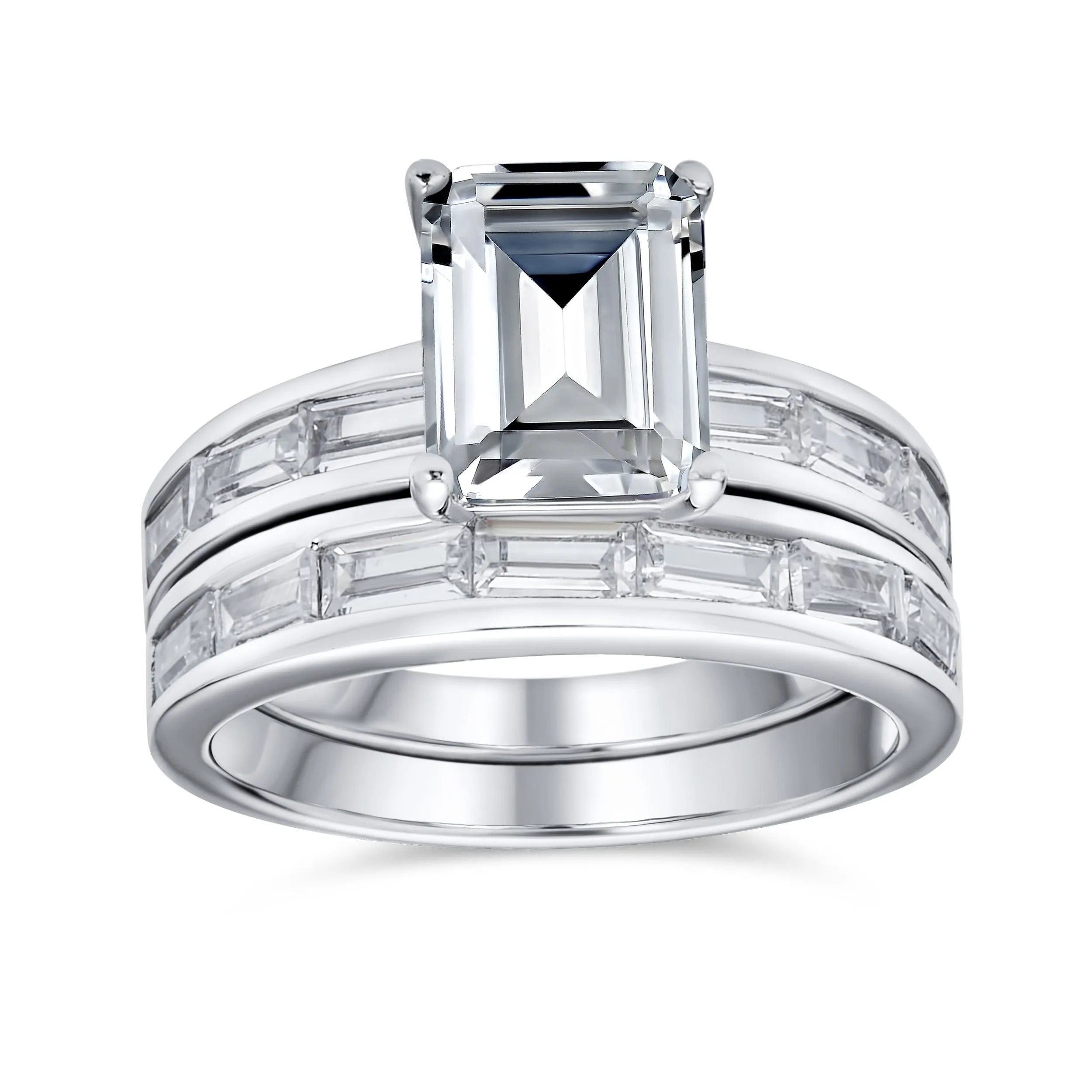 Art Deco 2-3CT Emerald Cut Baguette Band AAA CZ Engagement Ring Set