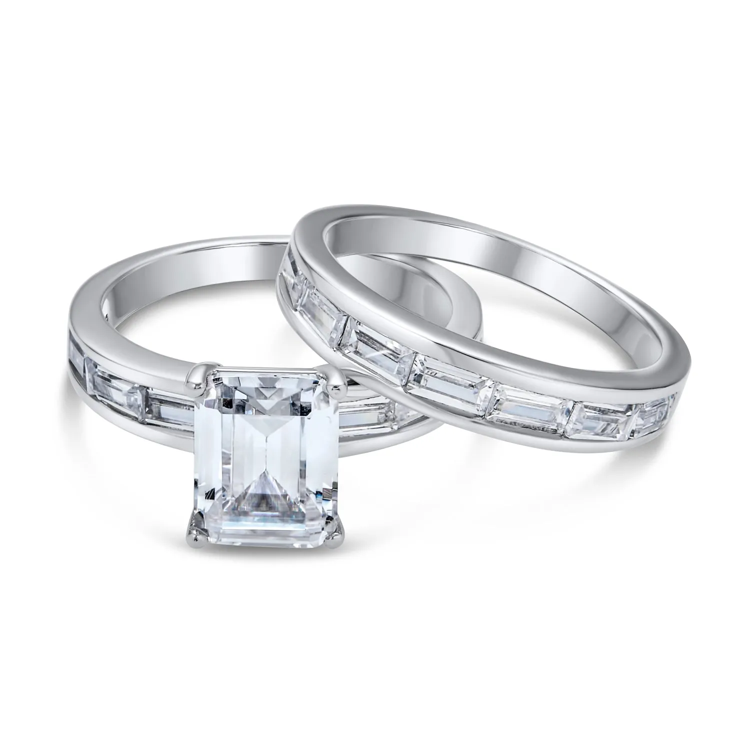 Art Deco 2-3CT Emerald Cut Baguette Band AAA CZ Engagement Ring Set