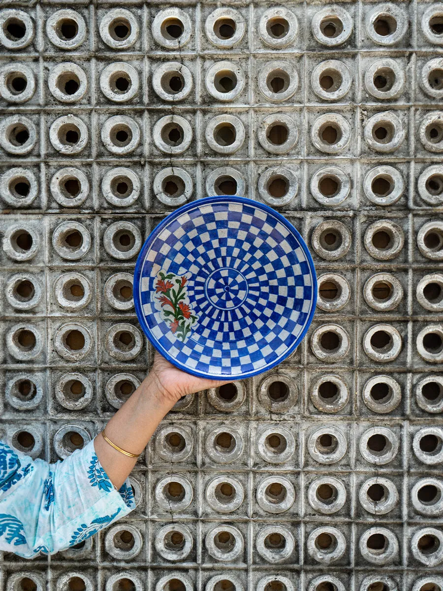 Artisanal Blossoms: Handcrafted Floral  Wall Plate Blue Pottery By Gopal Lal Kharol