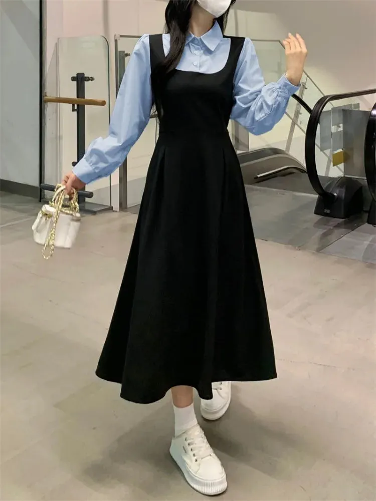 Autumn Korean Style School Long Sleeve Dress Women Kpop Casual Polo Black Dresses Kawaii Design Loose