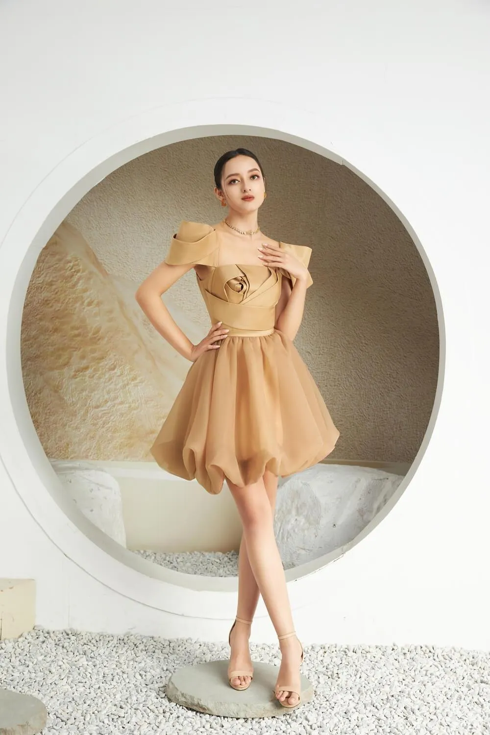 Bethe Fit and Flare Square Neck Organza Knee-length Dress