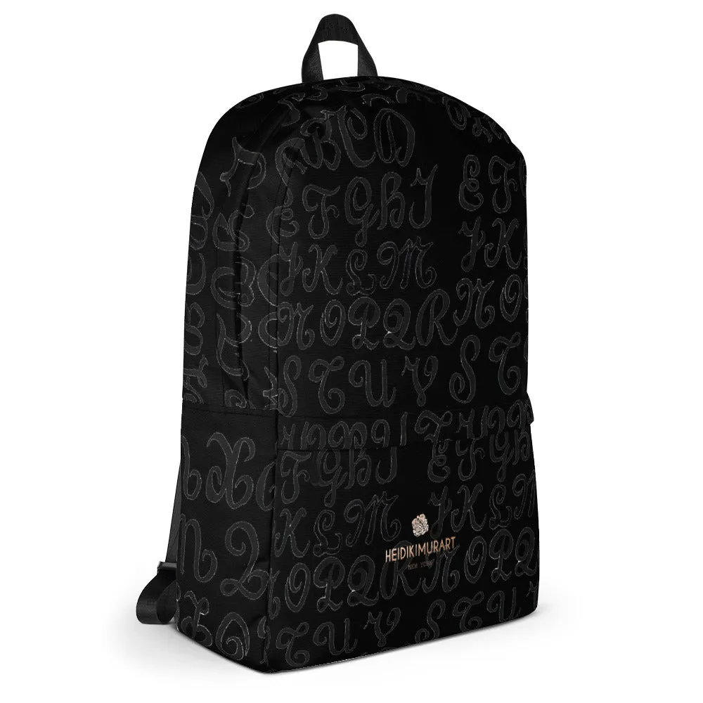 Black Alphabet Print Backpack, Best Durable Fits 15" Laptop Backpack- Made in USA/ EU