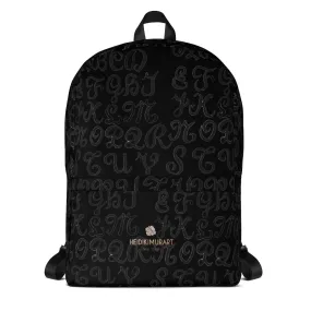 Black Alphabet Print Backpack, Best Durable Fits 15" Laptop Backpack- Made in USA/ EU