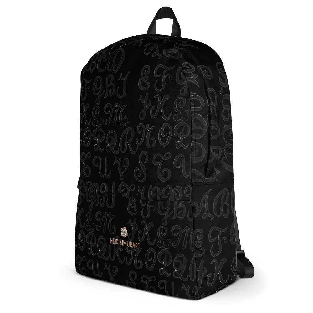 Black Alphabet Print Backpack, Best Durable Fits 15" Laptop Backpack- Made in USA/ EU