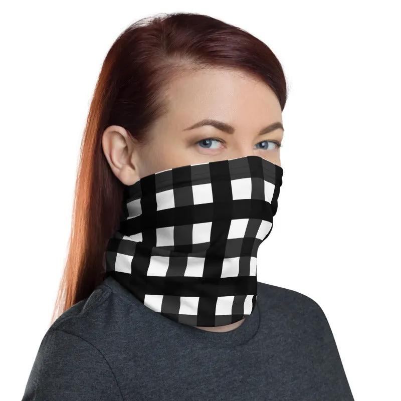 Black Buffalo Face Mask Coverings, Plaid Print Bandana Headband Wristband -Made in USA/EU