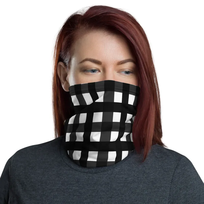 Black Buffalo Face Mask Coverings, Plaid Print Bandana Headband Wristband -Made in USA/EU