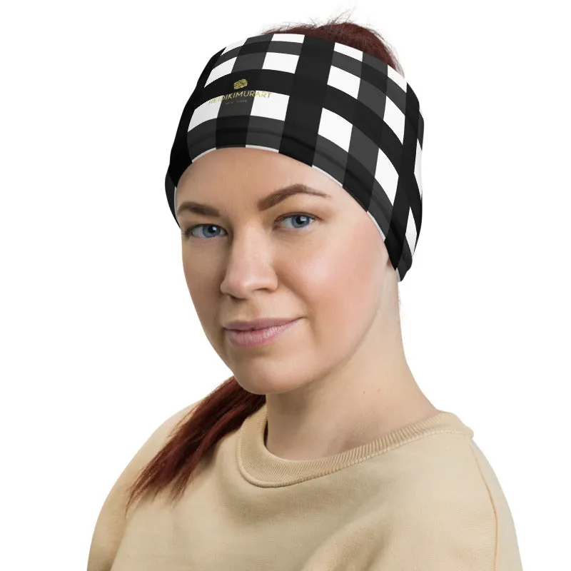 Black Buffalo Face Mask Coverings, Plaid Print Bandana Headband Wristband -Made in USA/EU