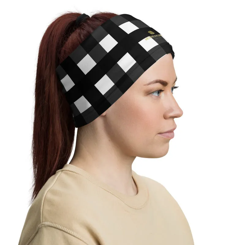 Black Buffalo Face Mask Coverings, Plaid Print Bandana Headband Wristband -Made in USA/EU