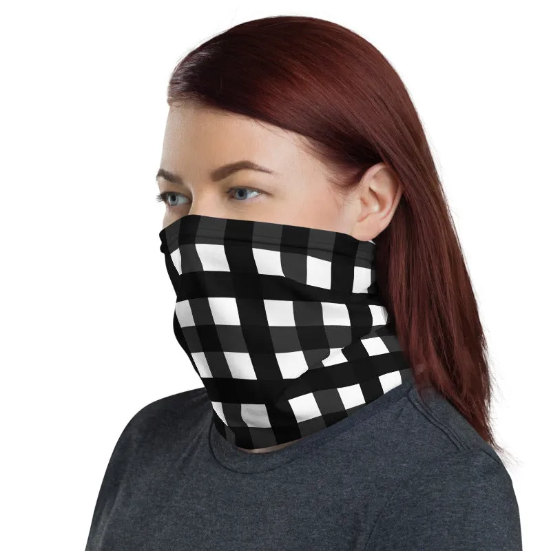 Black Buffalo Face Mask Coverings, Plaid Print Bandana Headband Wristband -Made in USA/EU