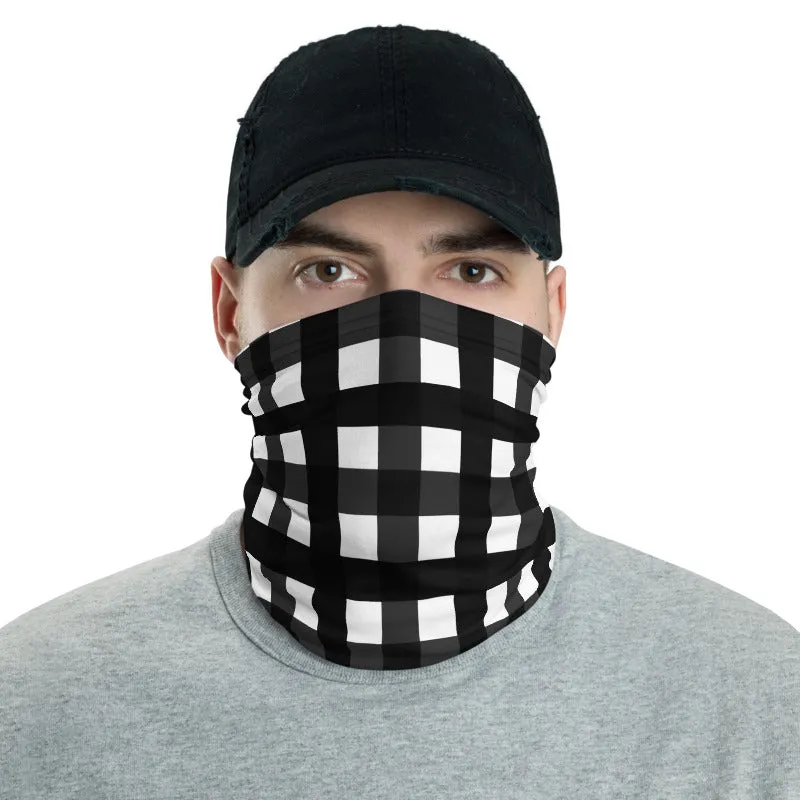 Black Buffalo Face Mask Coverings, Plaid Print Bandana Headband Wristband -Made in USA/EU