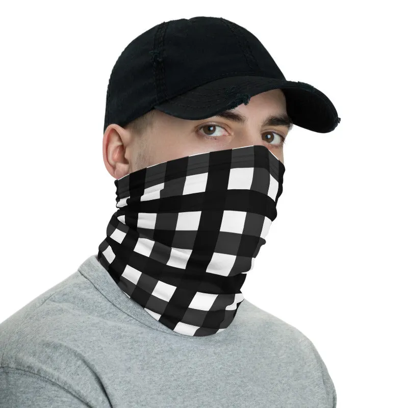 Black Buffalo Face Mask Coverings, Plaid Print Bandana Headband Wristband -Made in USA/EU