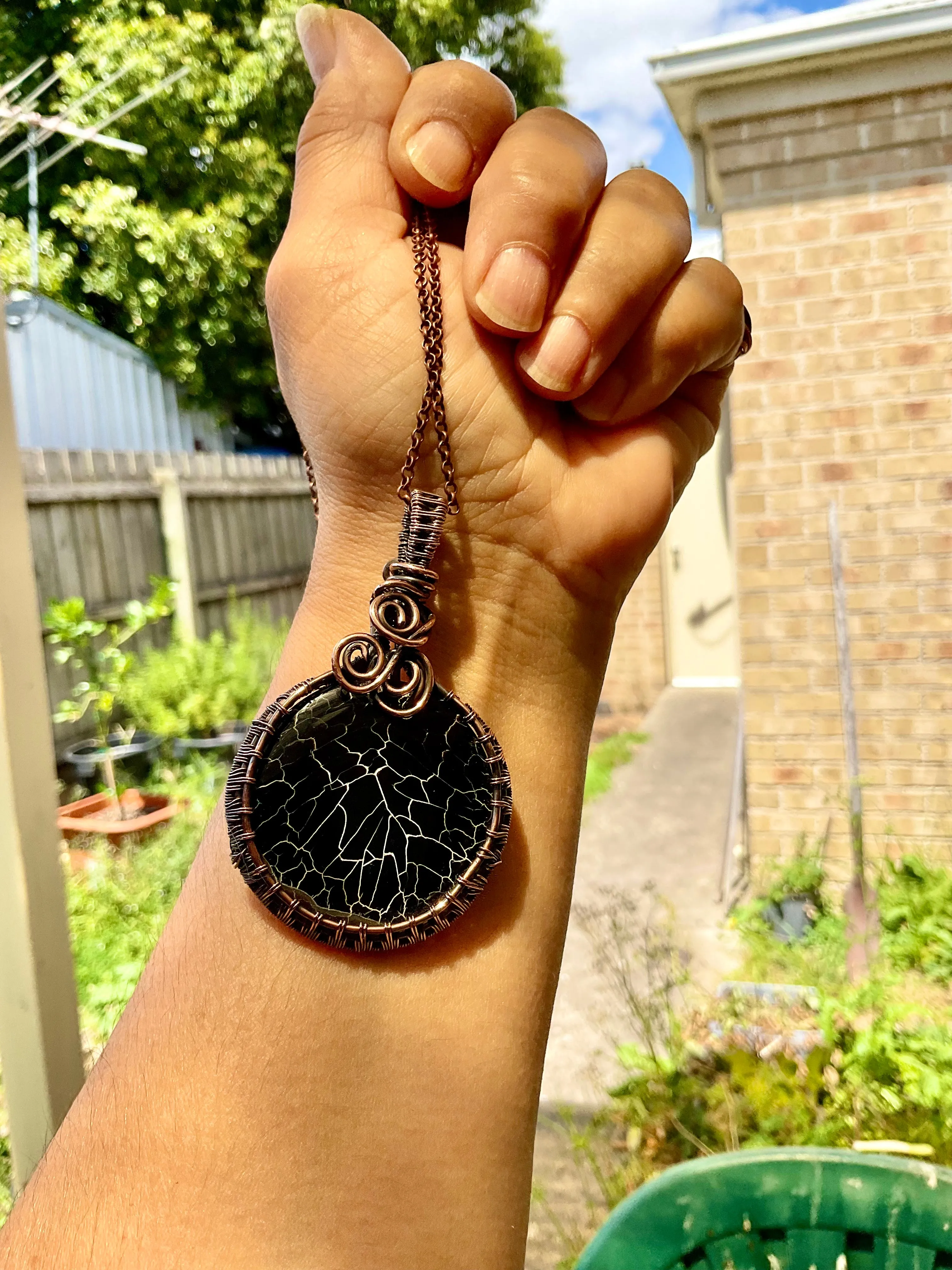 Black Fire Agate Wire Wrapped Pendant