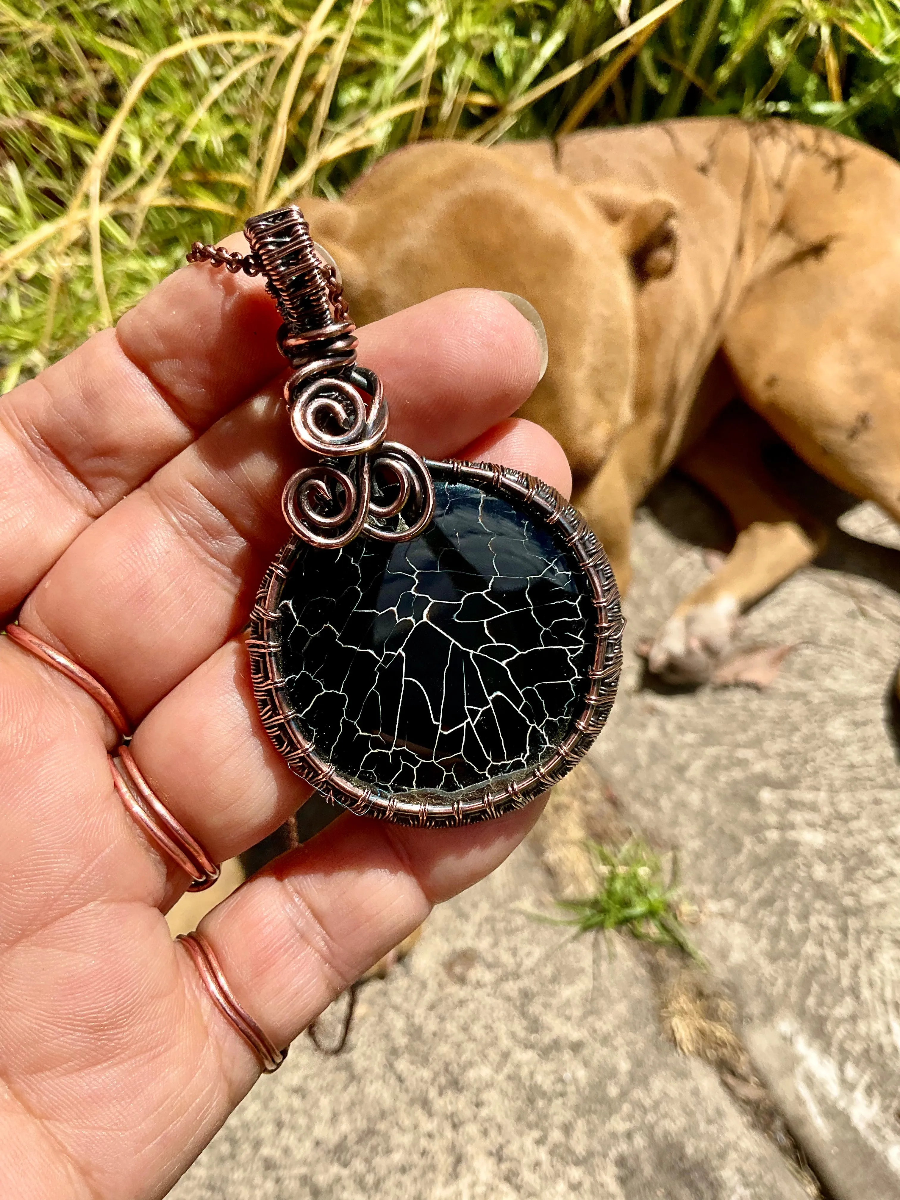 Black Fire Agate Wire Wrapped Pendant