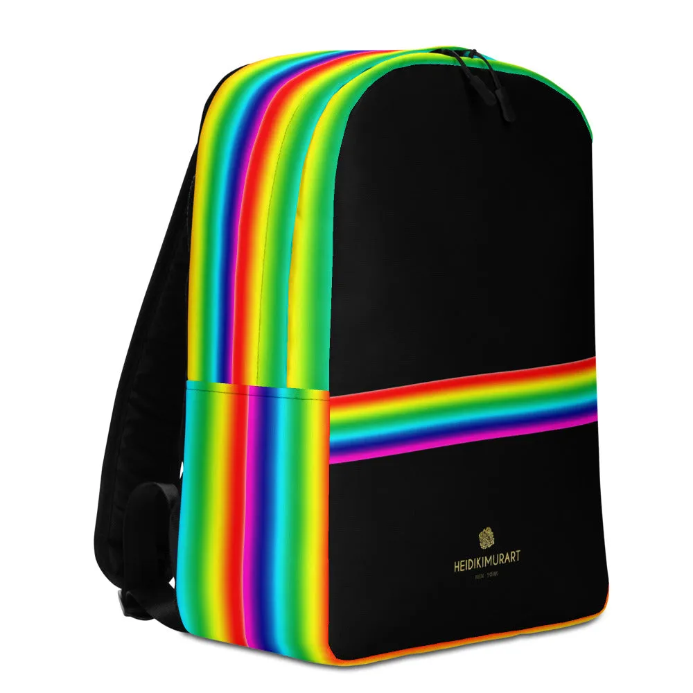 Black Rainbow Stripe Backpack, Gay Pride Striped Minimalist Laptop Backpack- Made in EU