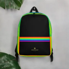 Black Rainbow Stripe Backpack, Gay Pride Striped Minimalist Laptop Backpack- Made in EU