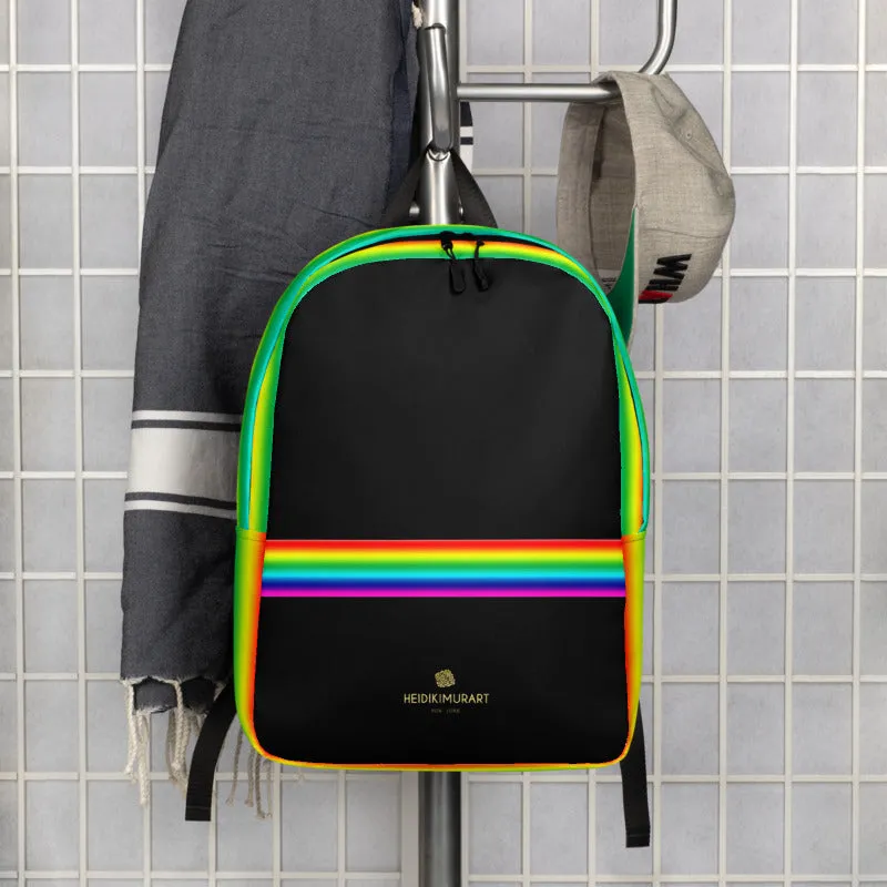 Black Rainbow Stripe Backpack, Gay Pride Striped Minimalist Laptop Backpack- Made in EU