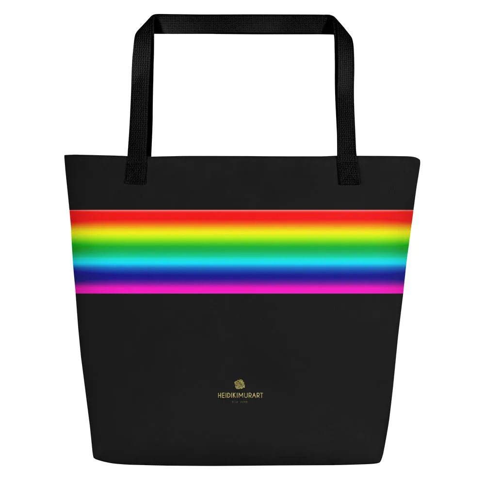 Black Rainbow Stripe Tote Bag, 16"x20" Large Beach Shopping Market Bag- Made in USA/EU