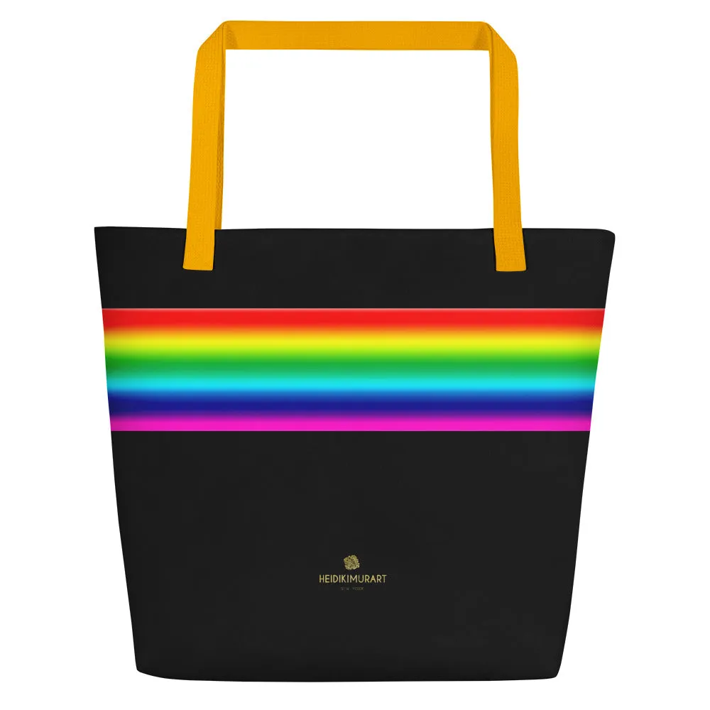 Black Rainbow Stripe Tote Bag, 16"x20" Large Beach Shopping Market Bag- Made in USA/EU