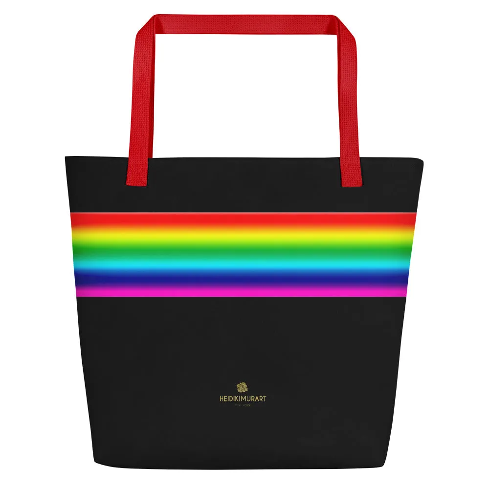 Black Rainbow Stripe Tote Bag, 16"x20" Large Beach Shopping Market Bag- Made in USA/EU