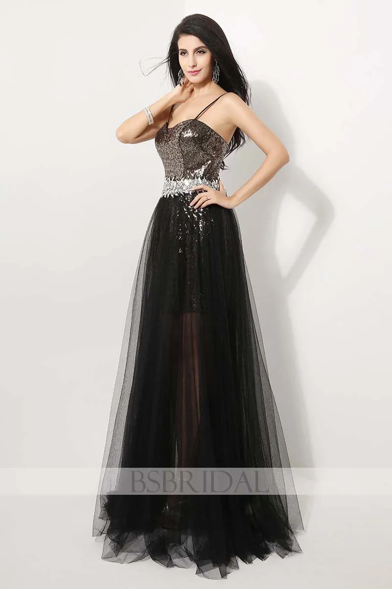 black sequin shinny formal long prom dress, AJ011