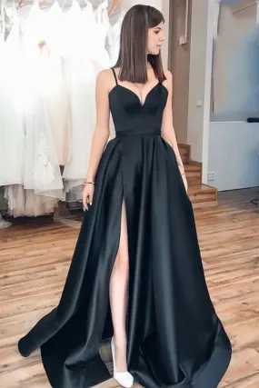 Black Spaghetti Straps Split Long Satin Prom Dress, A Line Simple Long Formal Dress,JL20020