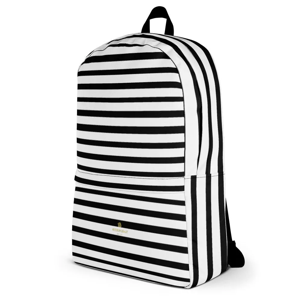 Black Striped Backpack, White Horizontal Stripe Travel Work Laptop Backpack- Made in USA/EU