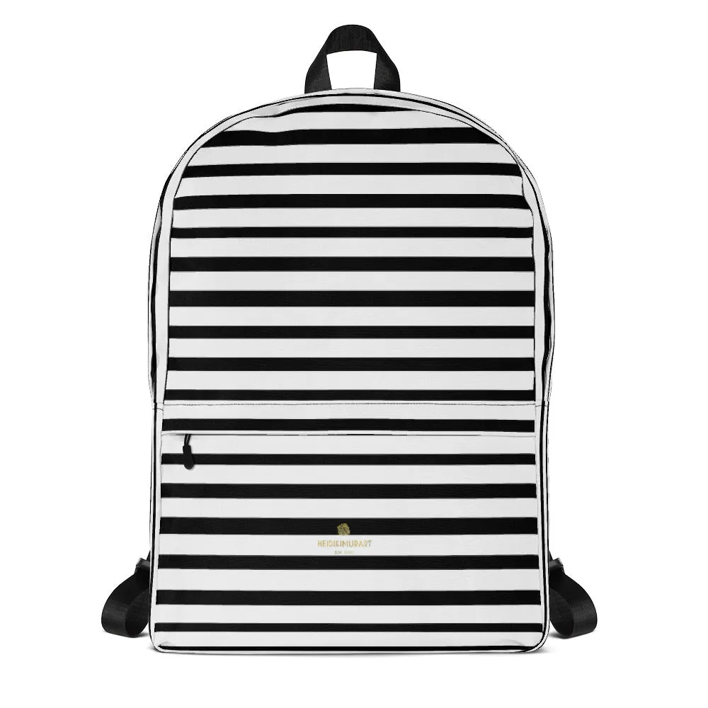 Black Striped Backpack, White Horizontal Stripe Travel Work Laptop Backpack- Made in USA/EU