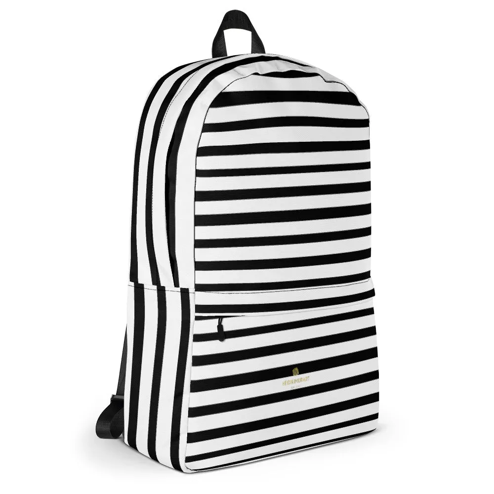 Black Striped Backpack, White Horizontal Stripe Travel Work Laptop Backpack- Made in USA/EU