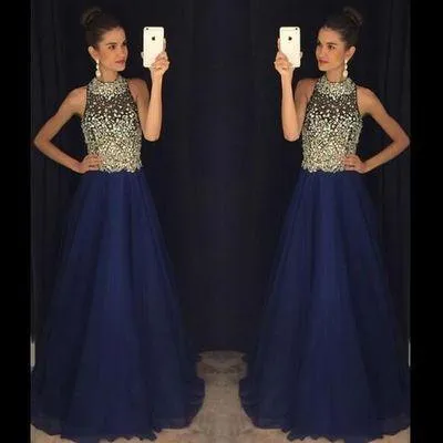 blue prom dress, long prom dress, beaded prom dress, charming evening dress, luxury prom dress, BD411