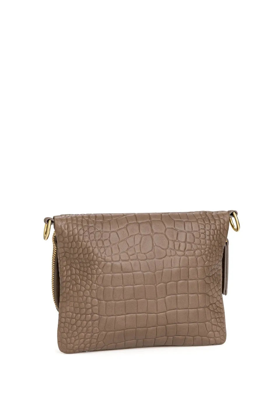 Bobi Leather Fold Over Fawn Croc Emboss Clutch with Gold Chain