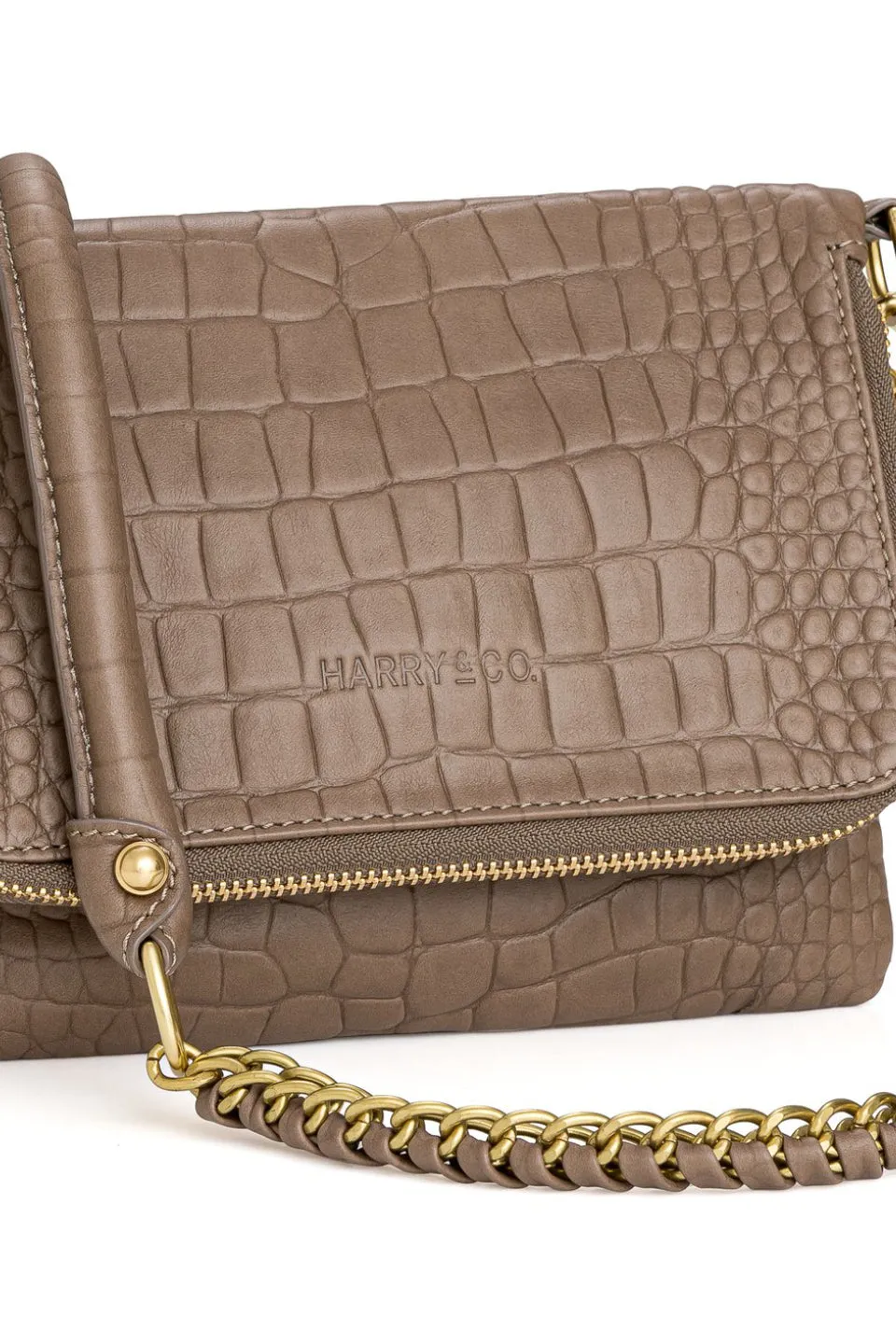 Bobi Leather Fold Over Fawn Croc Emboss Clutch with Gold Chain