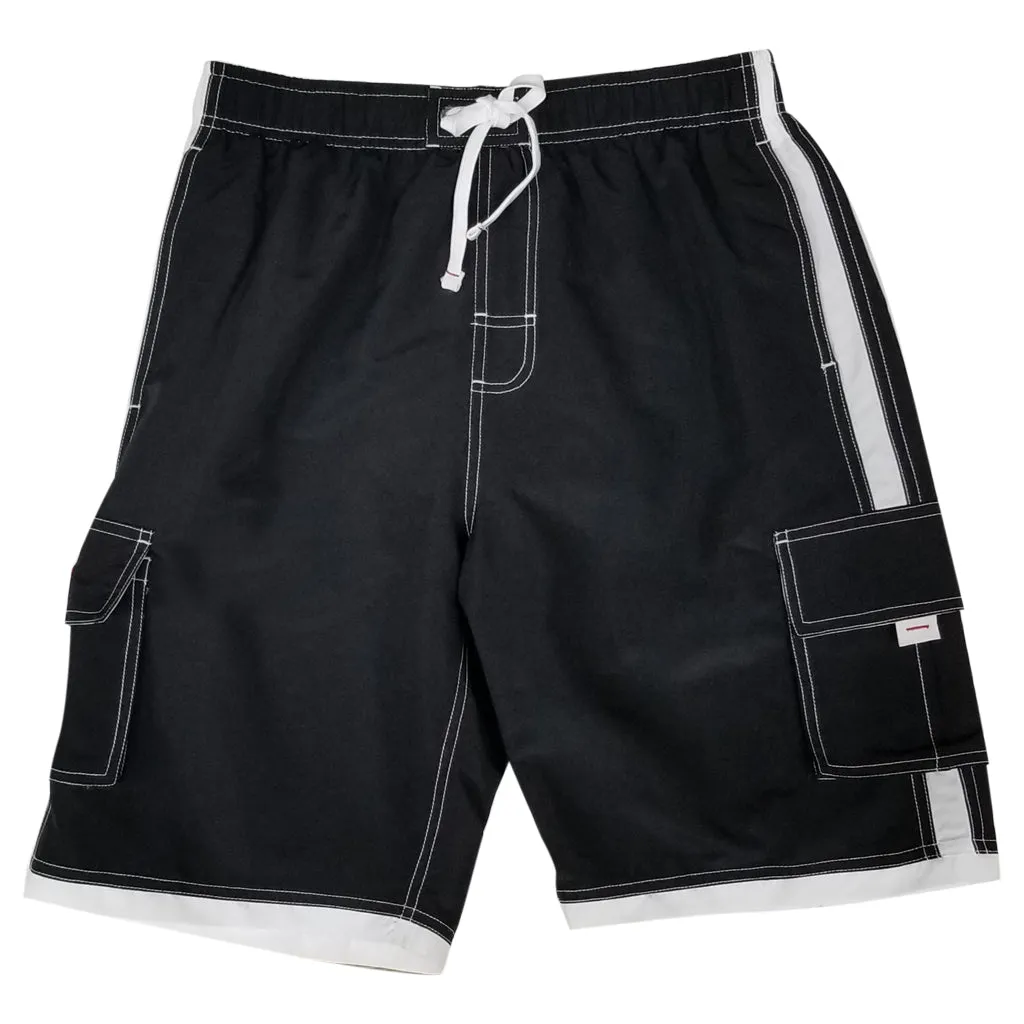 Boys' cargo shorts the longer swim trunks in solid colors and white detail