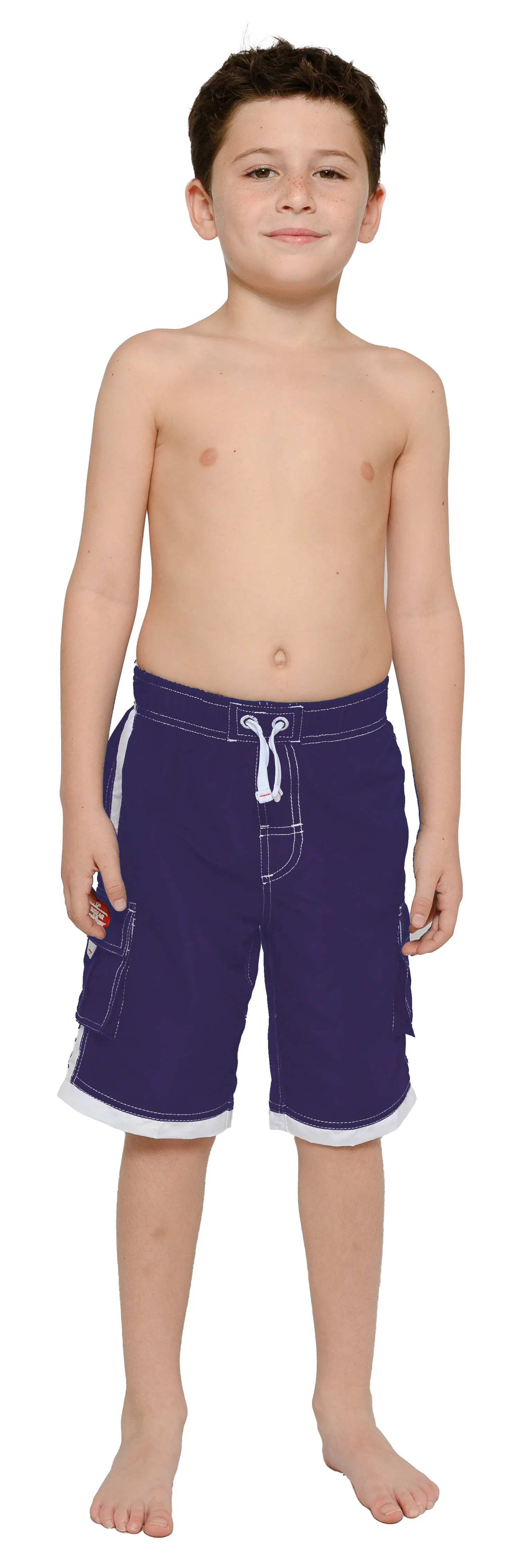 Boys' cargo shorts the longer swim trunks in solid colors and white detail