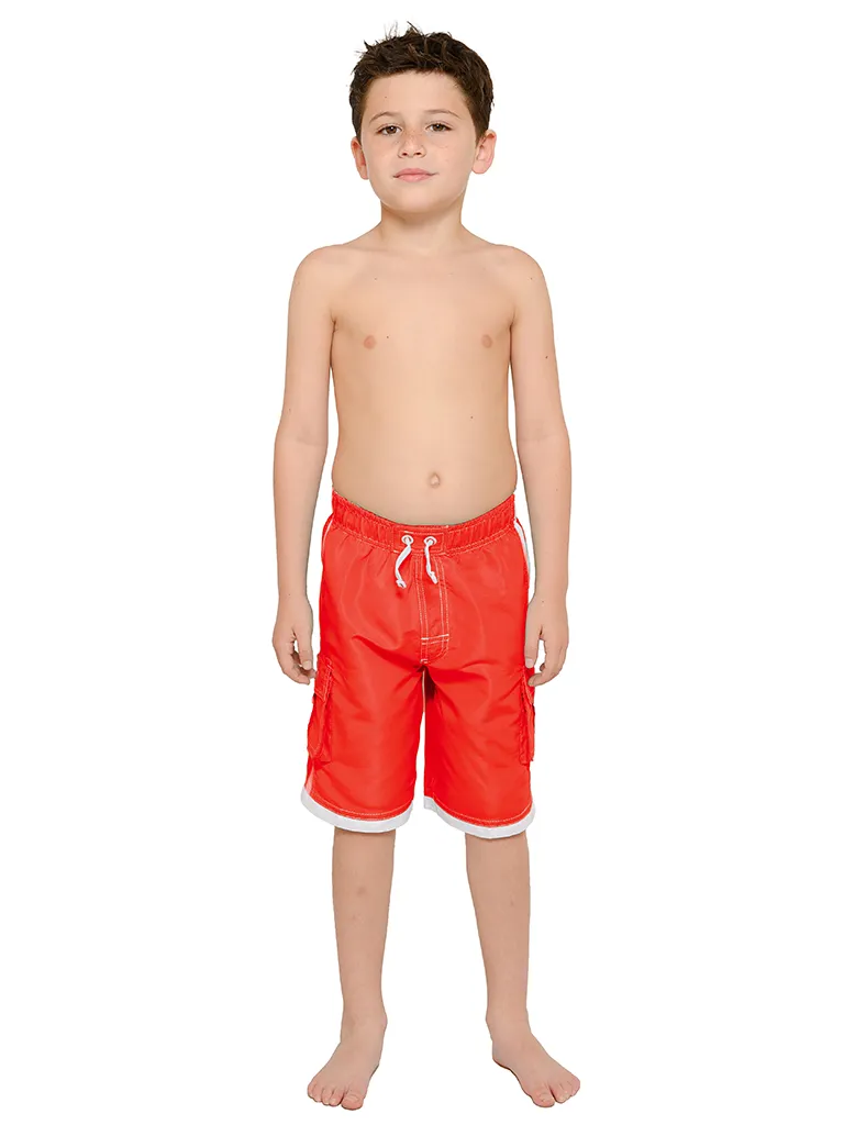 Boys' cargo shorts the longer swim trunks in solid colors and white detail